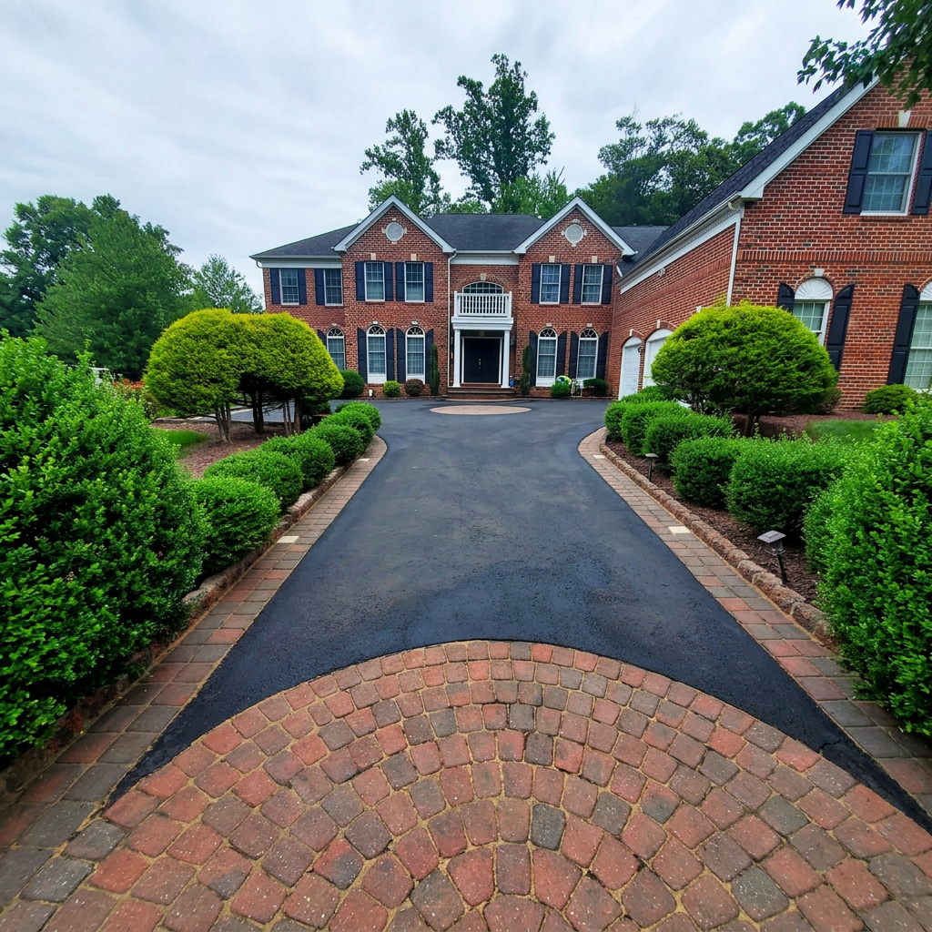 Manicured driveway entrance with trimmed shrubs and pavers